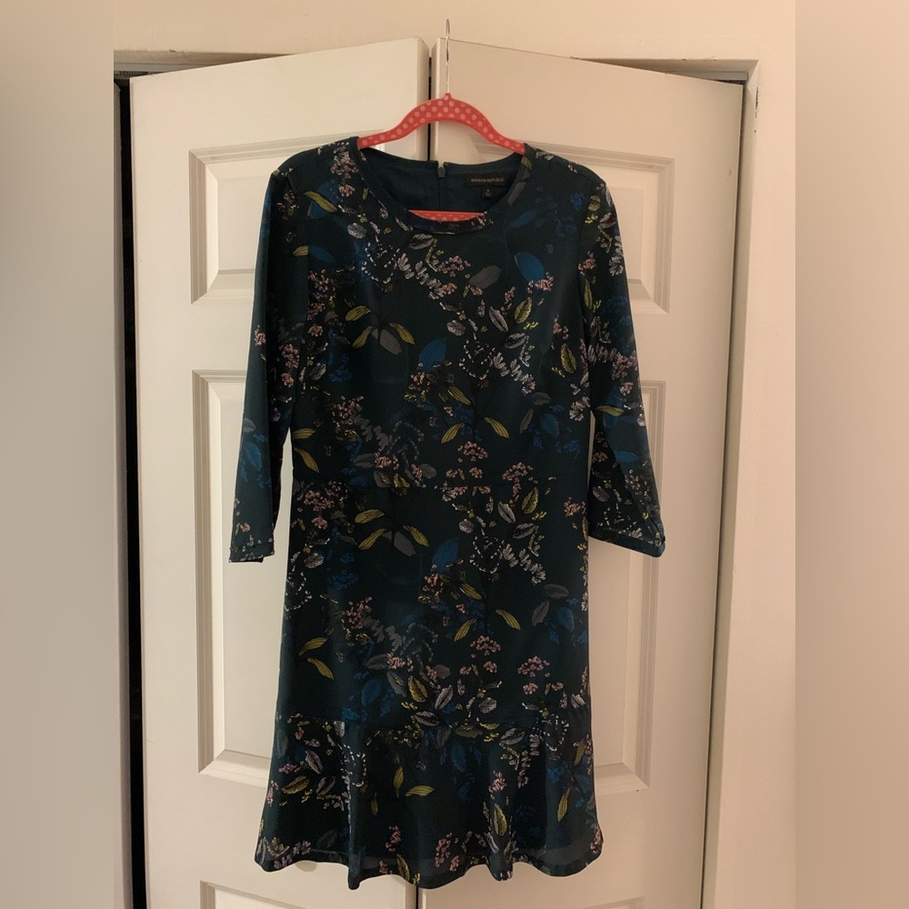 Dark Green floral print midi dress.